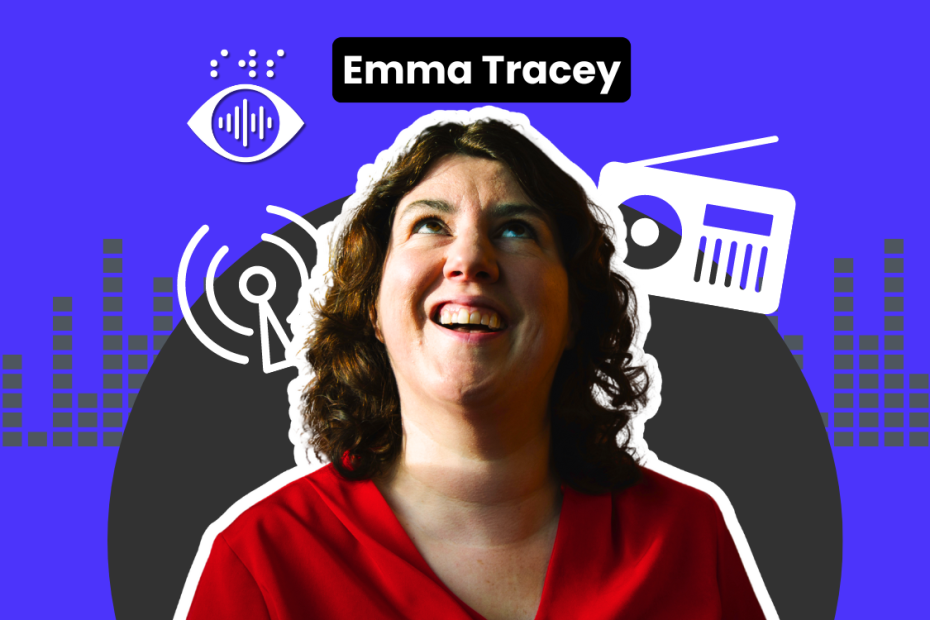 Graphic, featuring a photo of Emma smiling. Emma is wearing a bright red top. In the background are stylised graphics depicting a radio and a transmitter.